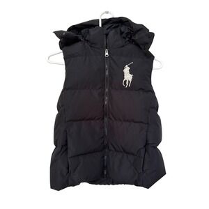Polo Ralph Lauren Black Down Puffer Vest Big Pony Detachable Hood Size M 10-12
